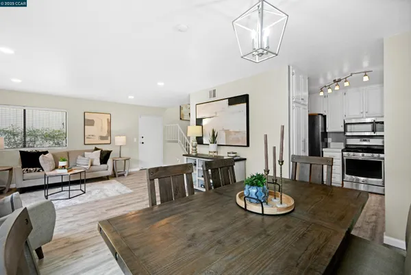 a view of a dining room with furniture
