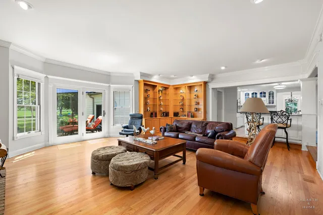 a view of a park with large trees