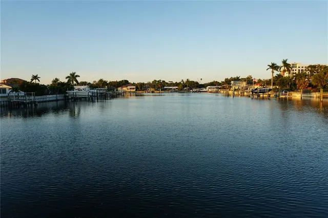 a view of a ocean with boats and trees in the background