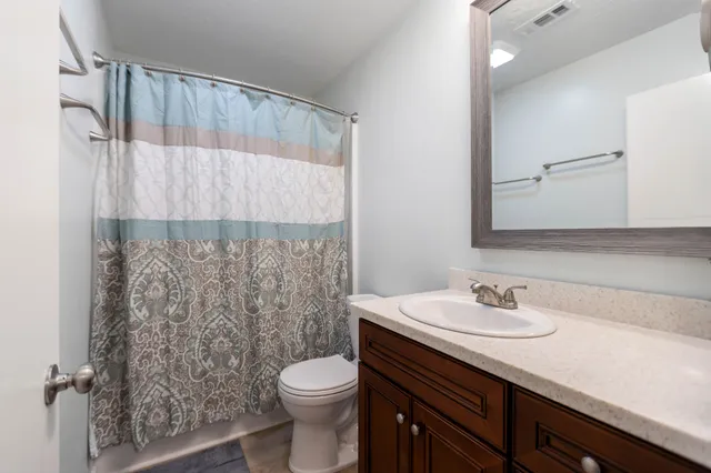 a bathroom with a sink a toilet and shower curtain