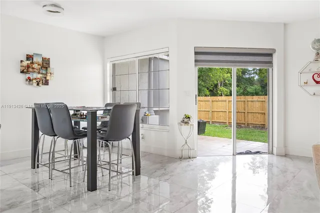a view of a dining room with furniture window and outside view