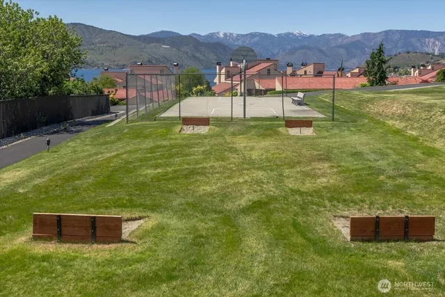 a view of a lake with a big yard