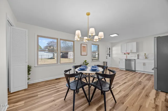 a view of a dining room with furniture window and wooden floor