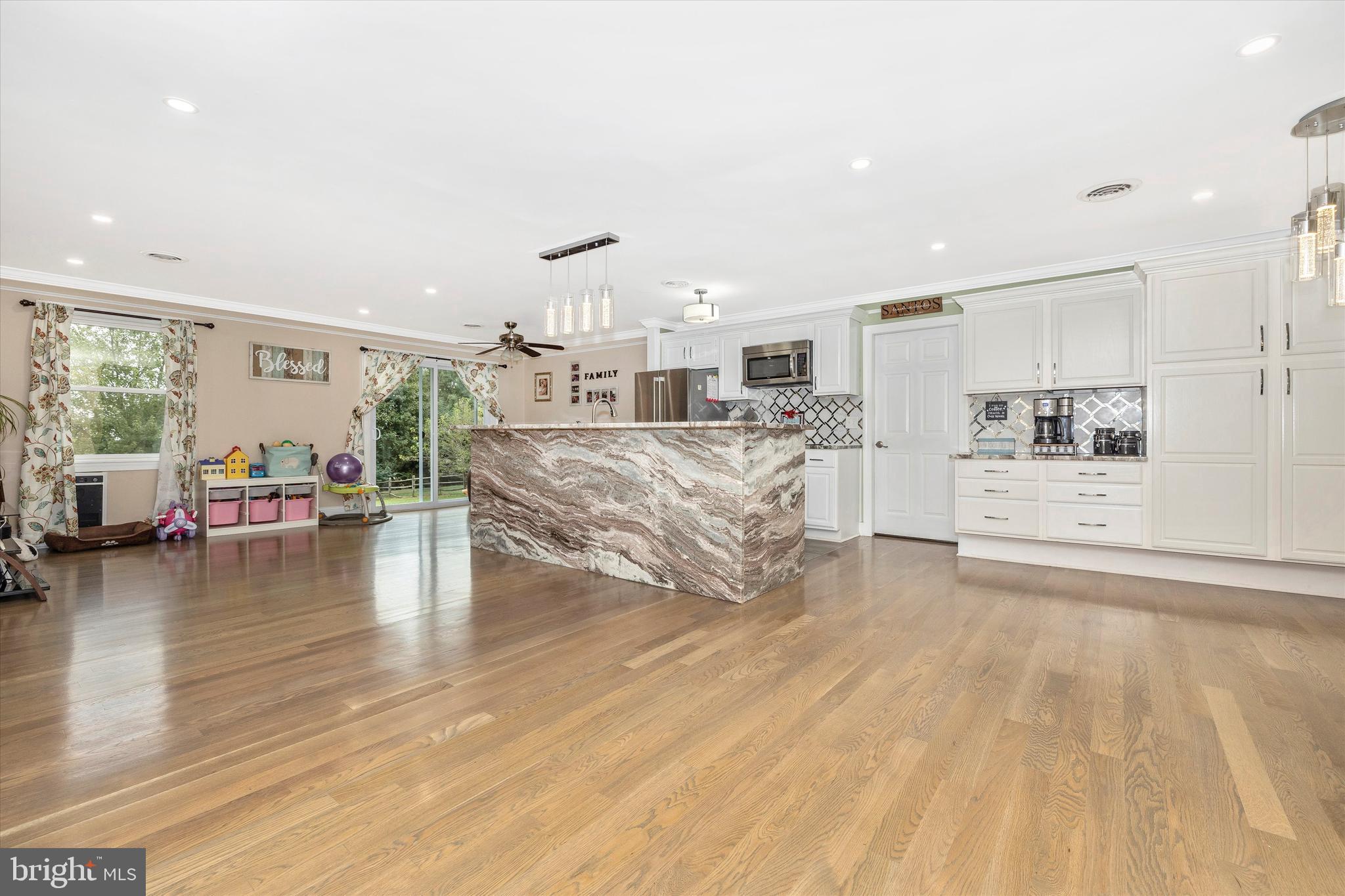 Open kitchen, dining, and family room.