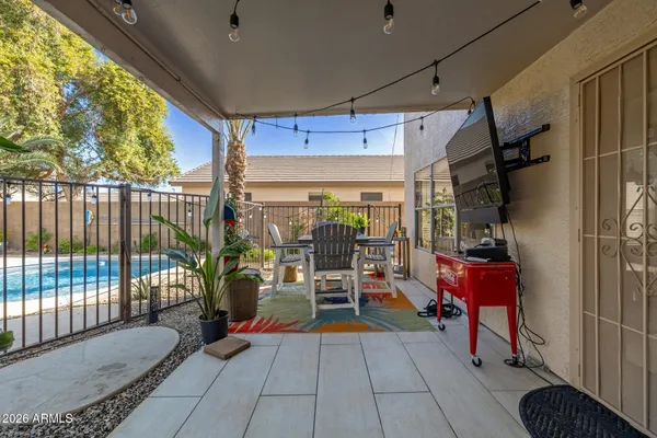 a building outdoor space with seating space