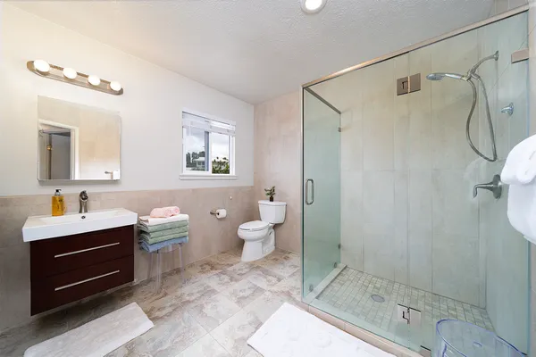 a bathroom with a double vanity sink mirror and toilet