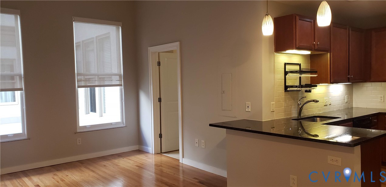 230 North 6th Street, Unit U613 Richmond, VA 23219 - Photo 3 of 10 a kitchen with kitchen island granite countertop wooden cabinets and a sink