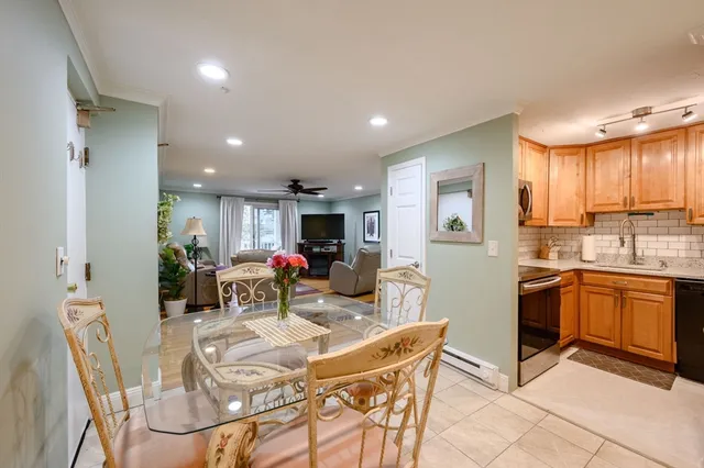 a view of a dining room with furniture