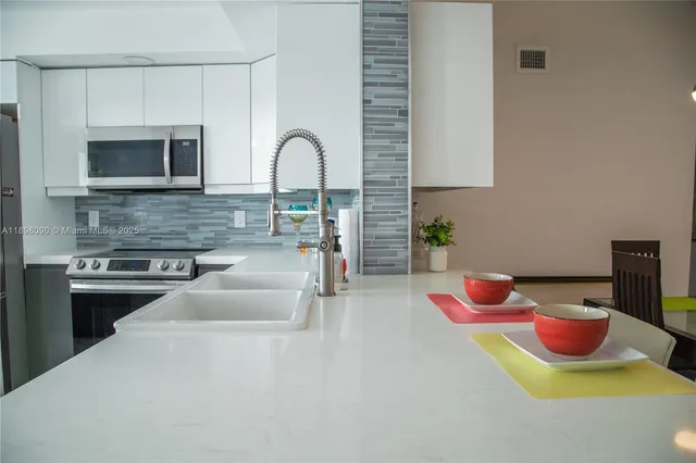 a kitchen with a microwave and a stove