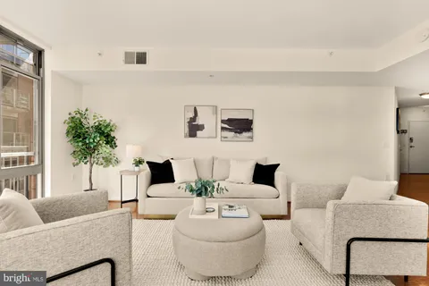 a living room with furniture and a potted plant