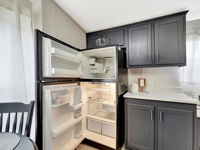 a kitchen with a refrigerator and furniture