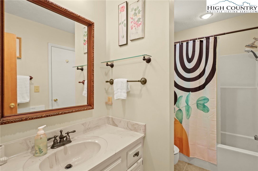 311 Pine Ridge Road Beech Mountain, NC 28604 - Photo 19 of 37 a bathroom with a sink a mirror and a bathtub