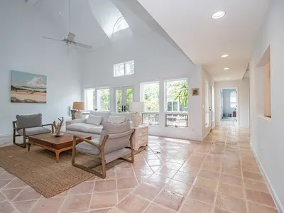 a view of a room with a large window