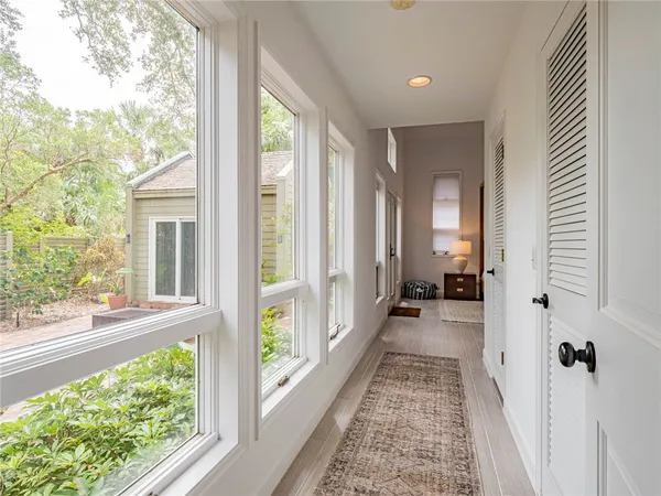 a view of a room with a large window