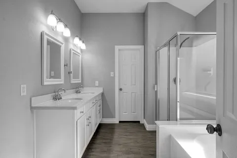 a bathroom with a double vanity sink and mirror
