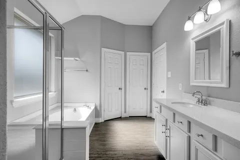 a bathroom with a double vanity sink mirror and shower