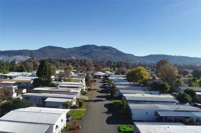 a view of a street with a mountain view