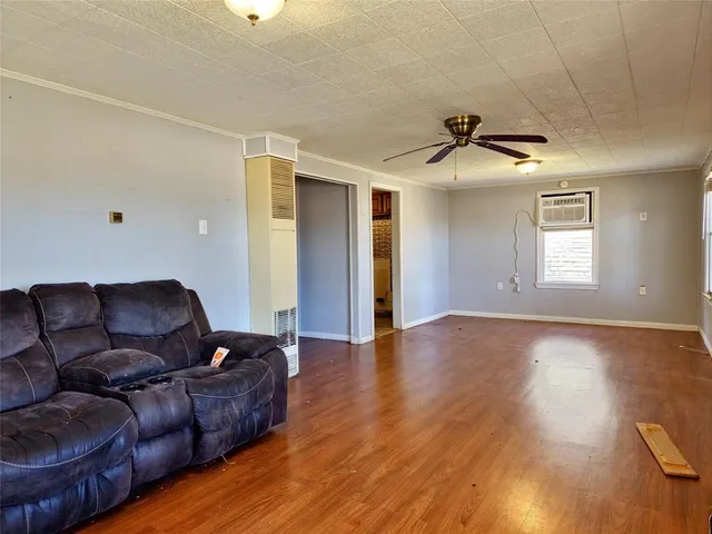 a living room with couches and potted plant with wooden floor