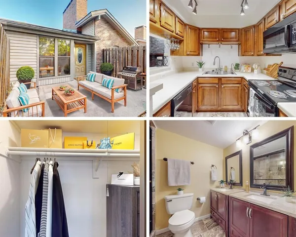 a view of a kitchen with furniture and large windows