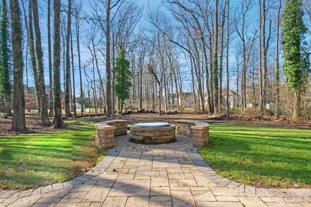 a garden view with a seating space