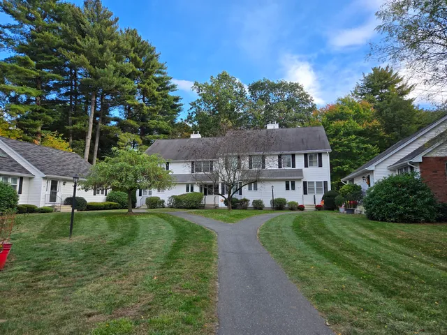a view of a big house with a big yard and potted plants and large trees