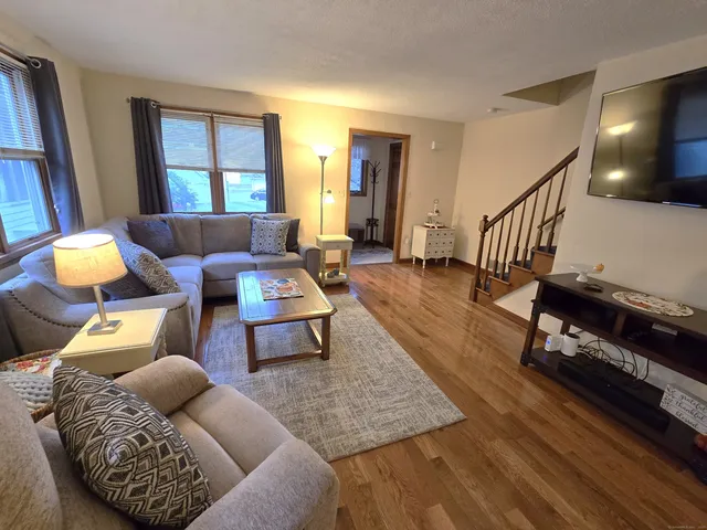 a living room with furniture rug and wooden floor
