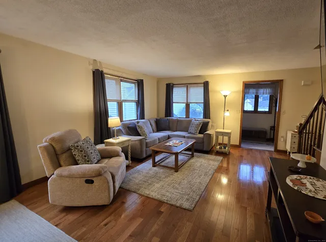 a living room with furniture and a wooden floor