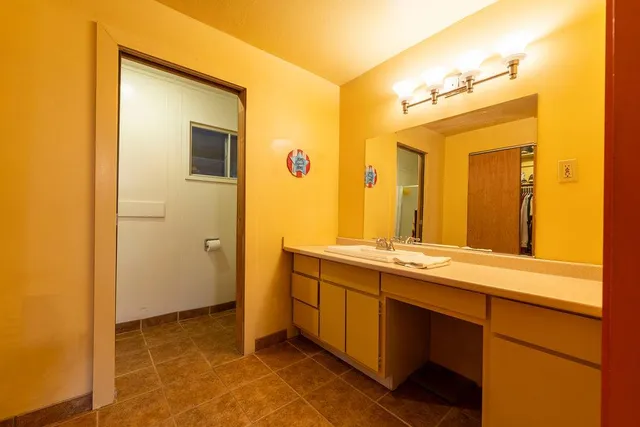 a aerial view of a house with a yard and large trees