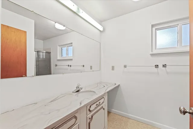a bathroom with a sink and a shower