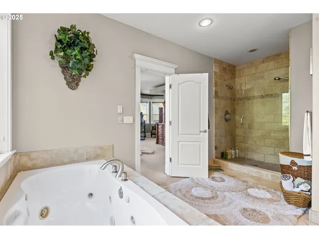 a bathroom with a bathtub and a shower