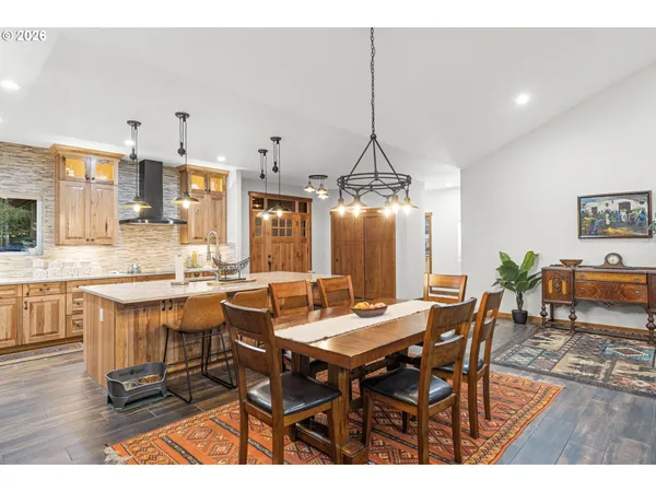 a view of a dining room with furniture