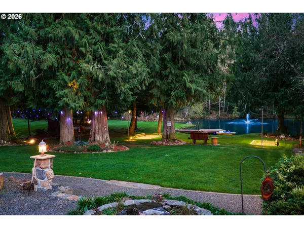 a view of a lake from a yard