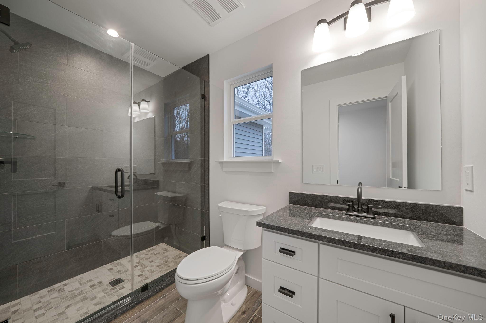 63 B Blydenburgh Road Centereach, NY 11720 - Photo 9 of 38 a bathroom with a granite countertop sink a toilet and a mirror