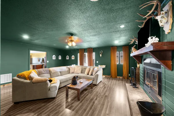 a living room with furniture and a fireplace