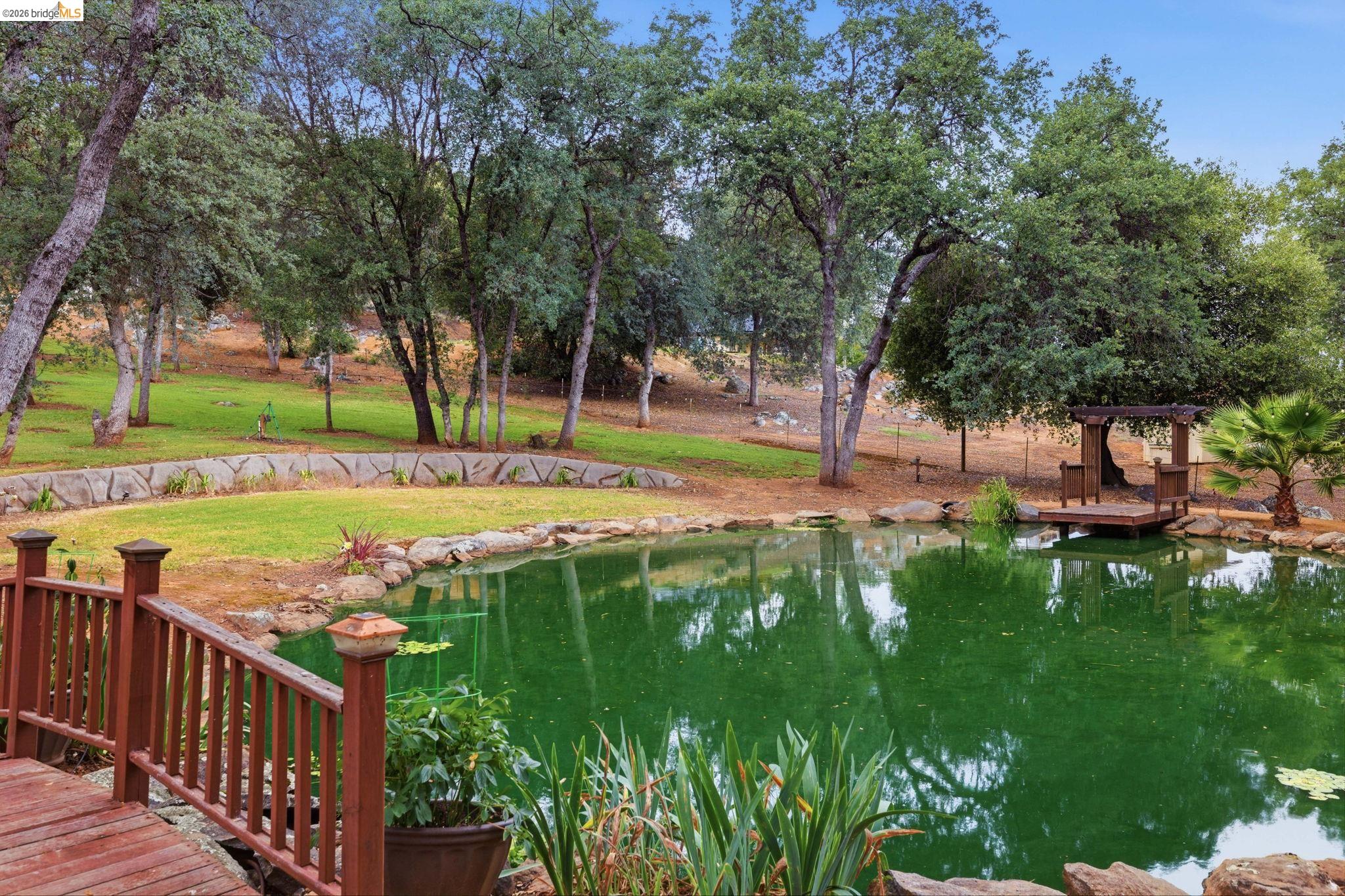 18450 Lambert Lake Road Sonora, CA 95370 - Photo 64 of 87 Serene pond featuring a wooden dock with an integrated gazebo, surrounded by lush green landscaping and mature trees