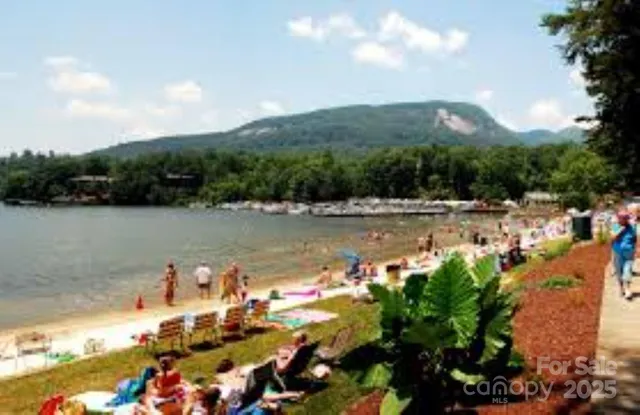 a view of a swimming pool with a yard and lake view