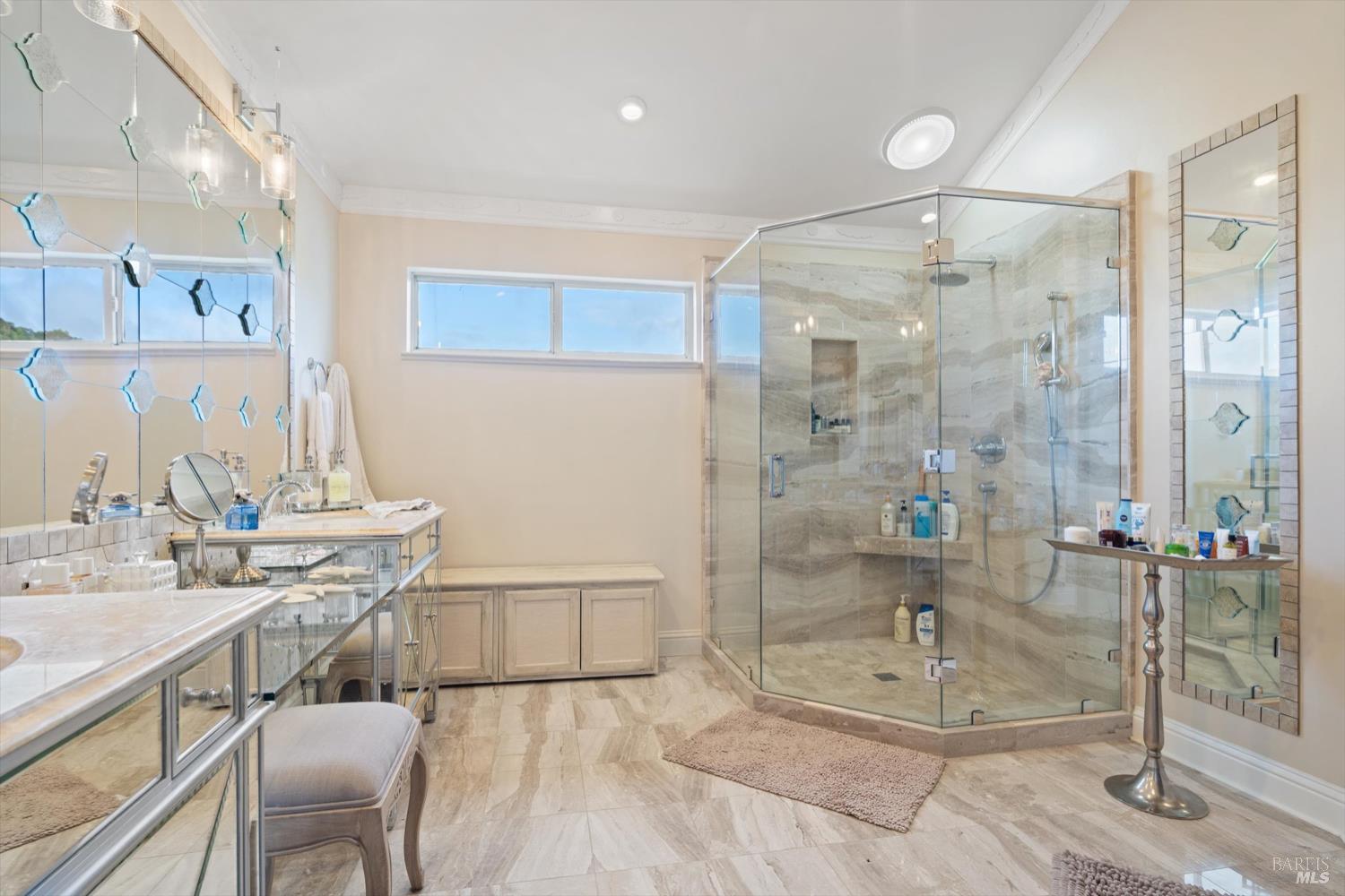 46 Laurel Glen Terrace San Rafael, CA 94903 - Photo 9 of 10 a bathroom with a double vanity sink a mirror and a shower