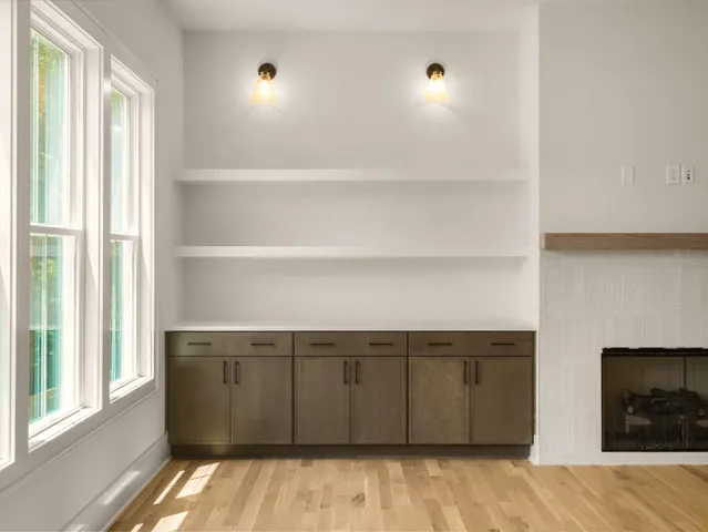 a view of kitchen with wooden floor