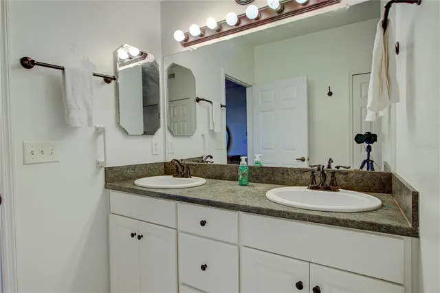 a bathroom with a sink and a mirror