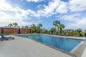a view of a terrace with yard and lake view