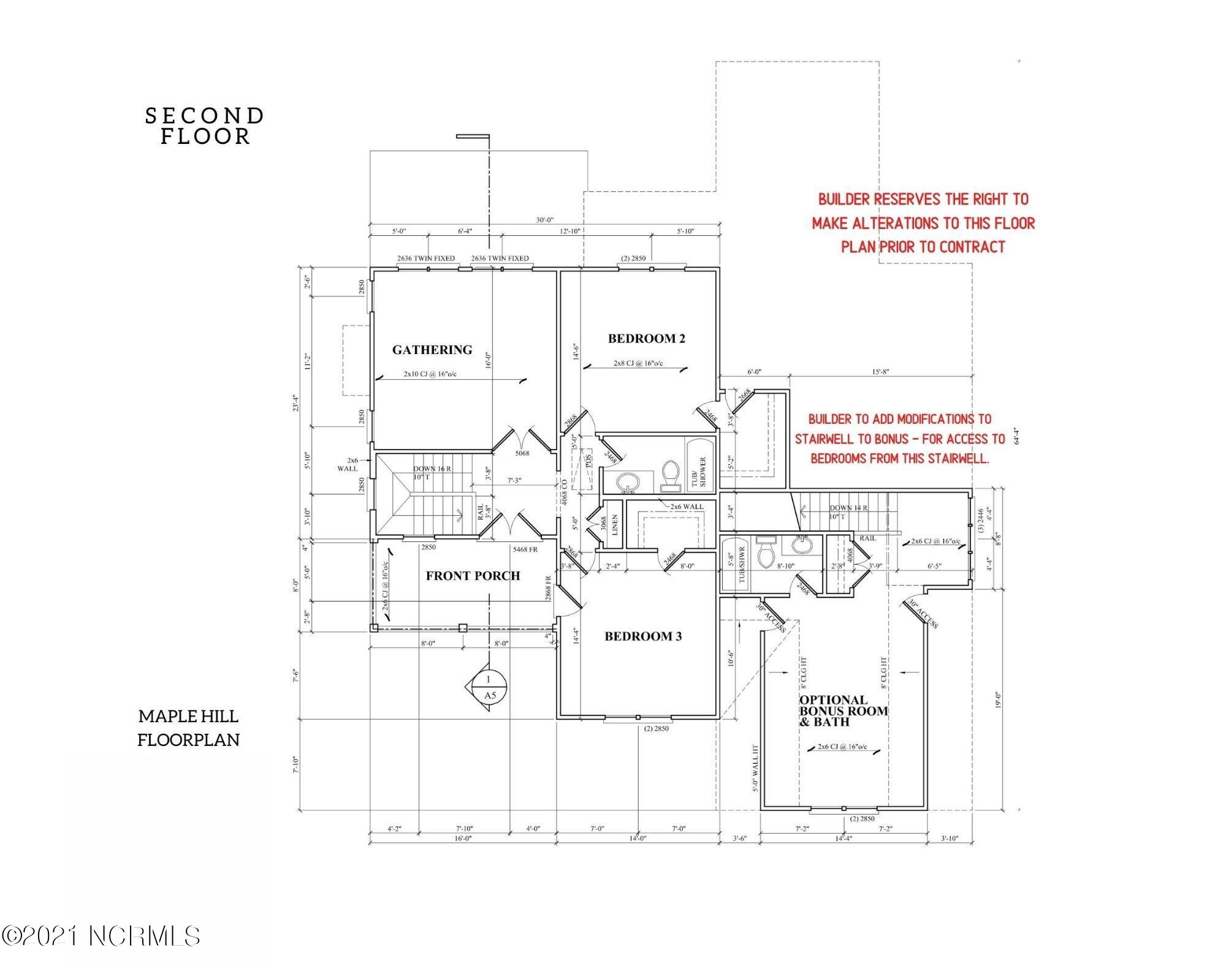 67 R Royal Tern Drive Hampstead, NC 28443 - Photo 5 of 14 Second floor layout - two traditional bedrooms and a "gathering space" as well as a bonus room that qualifies for bedroom count!! TONS of space for guests and entertaining! Builder intends to modify layout slightly to give bedrooms access to bonus room.