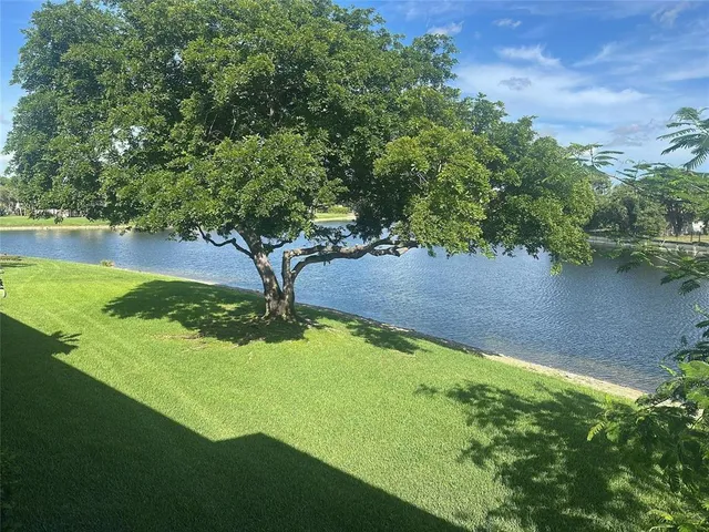 a view of a lake with a yard