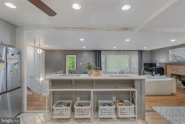a kitchen with stainless steel appliances a refrigerator and a dining table
