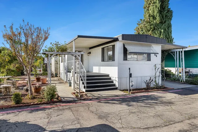 a view of a house with a small yard and large tree