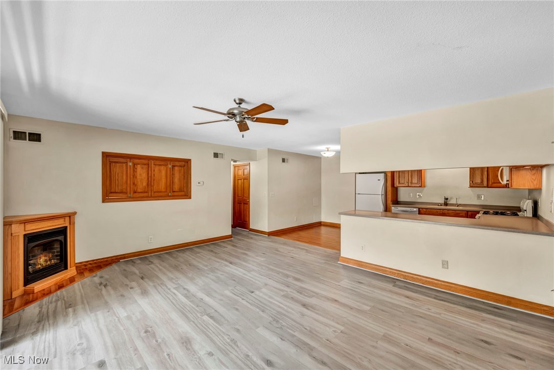 1263 Lost Nation Road, Unit 5 Willoughby, OH 44094 - Photo 5 of 26 Unfurnished living room featuring light wood-style floors, a glass covered fireplace, and a ceiling fan