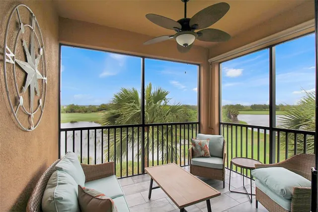 a balcony with furniture
