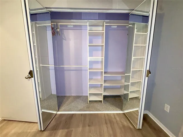 a room with walk in closet and wooden floor