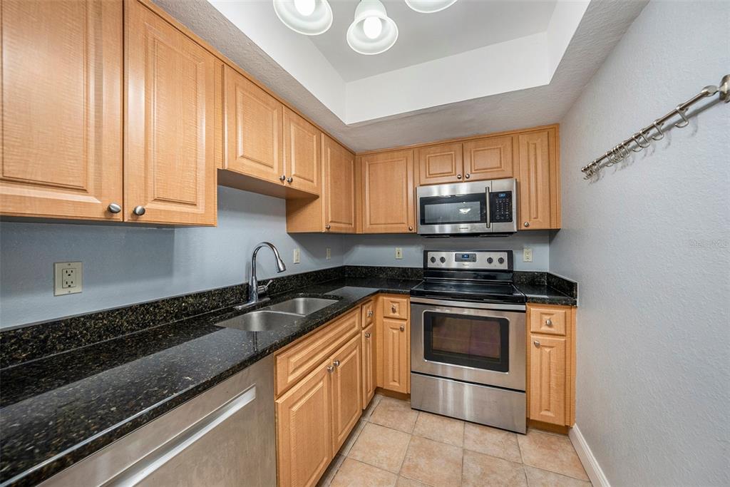 3711 West Iowa Avenue, Unit 214 Tampa, FL 33611 - Photo 14 of 29 a kitchen with granite countertop a stove top oven microwave and cabinets