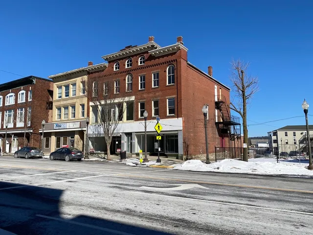a front view of a building with street