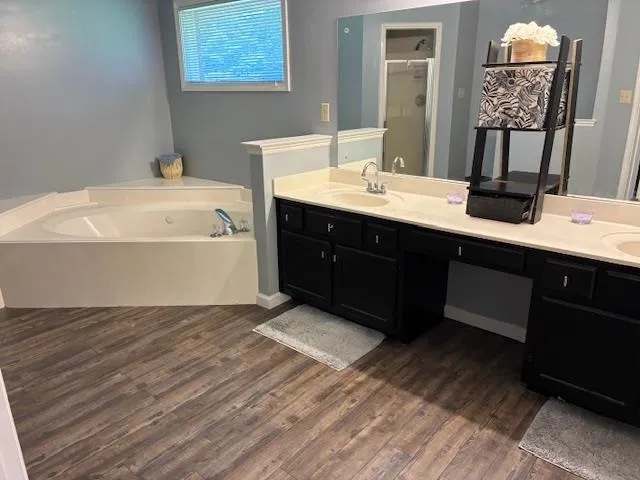 a bathroom with a tub sink and mirror